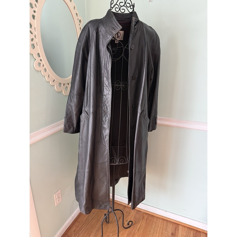 LNR S Small Black Genuine Leather‎ Long Maxi Trench Coat Women steam punk VTG